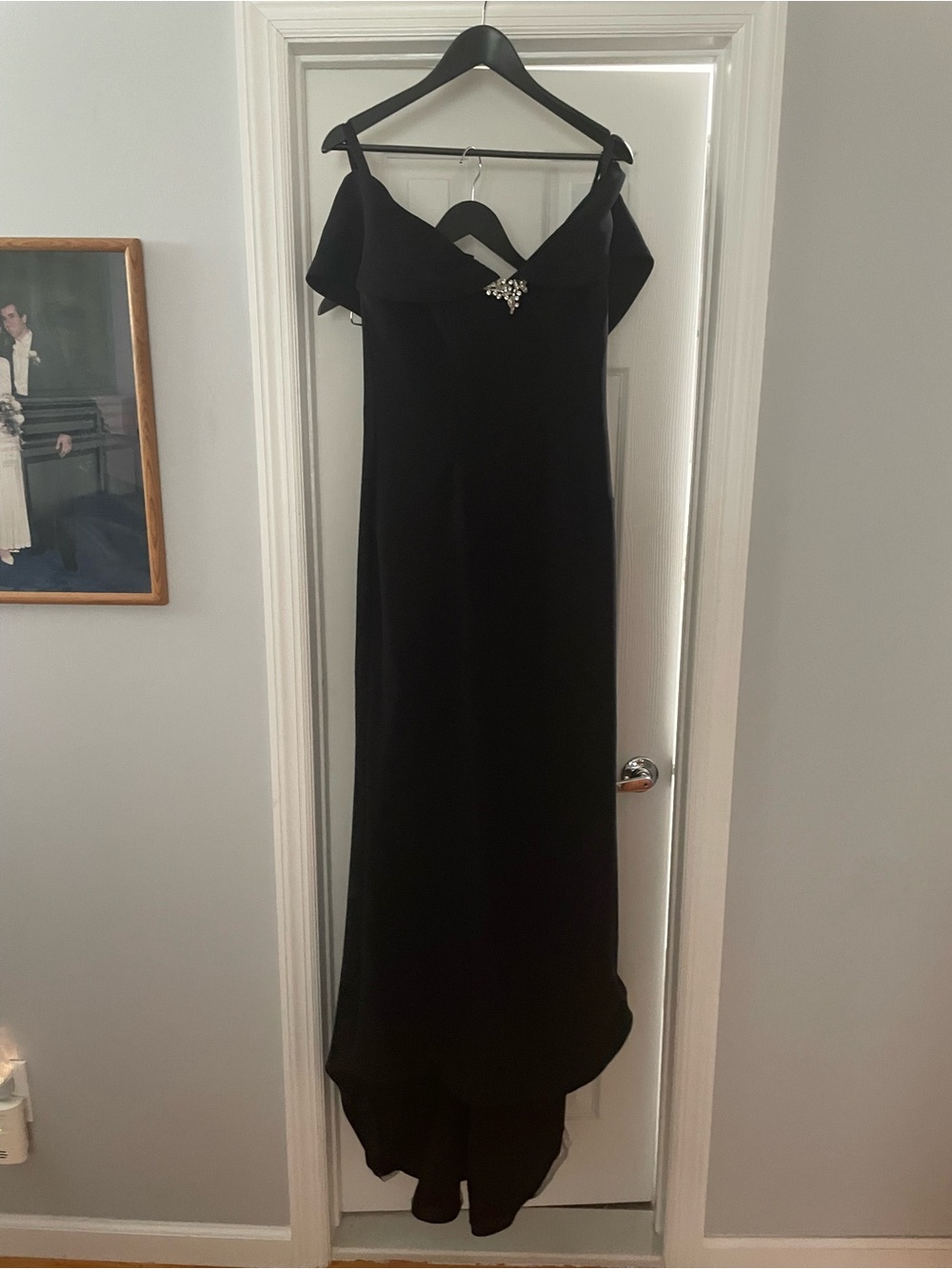 Black Off-Shoulder Evening Gown with Embellished Detail. Mother of the Groom